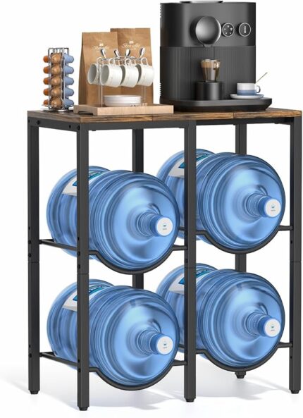 VINAEMO 5 Gallon Water Jug Holder, 3-Tier Water Jug Stand with Extended Wood Tabletop Shelf, 4 Slots 5 Gal Water Bottle Holder Storage Rack with Water Dispenser Stand for Home,Office,Garage Organizer