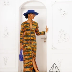 farida african print long sleeve front zip maxi dress [orange]