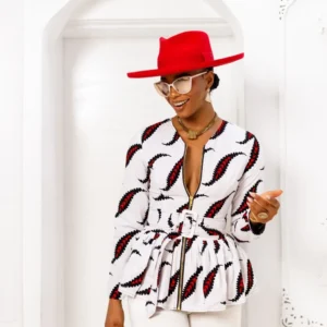 gabriella african print front zip top [white]