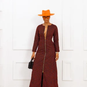 farida african print long sleeve front zip maxi dress