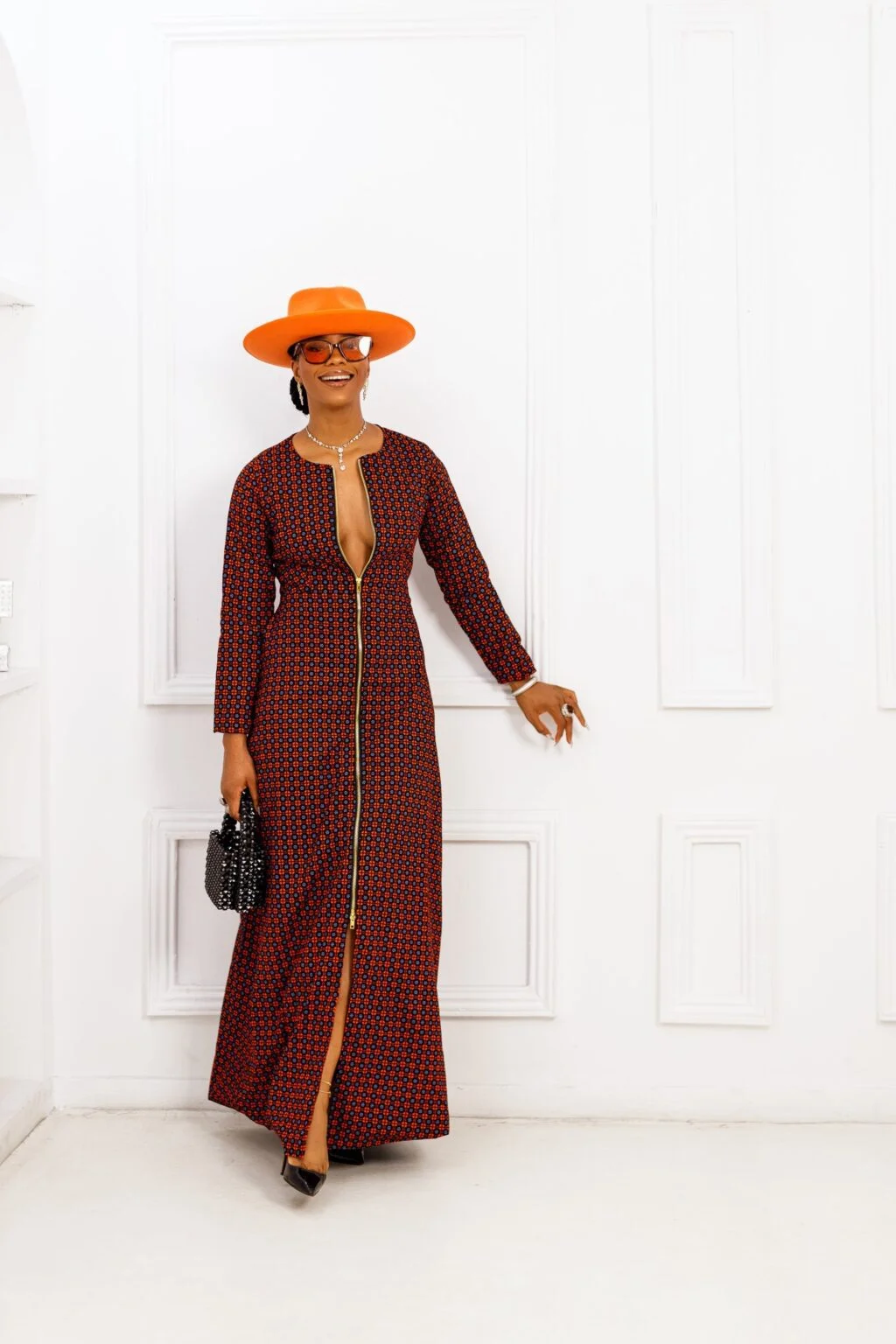 farida african print long sleeve front zip maxi dress farida african print long sleeve front zip maxi dress